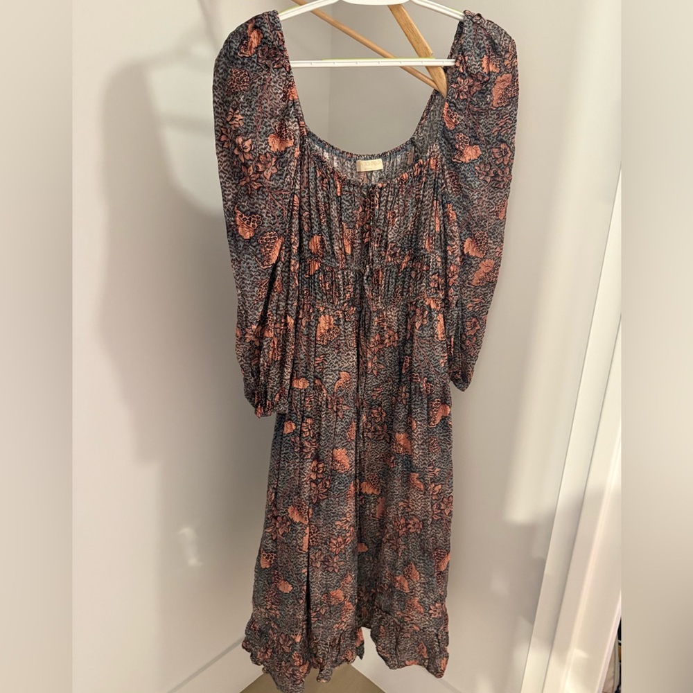 Ulla Johnson Blue and Coral Floral Long Sleeve Dress